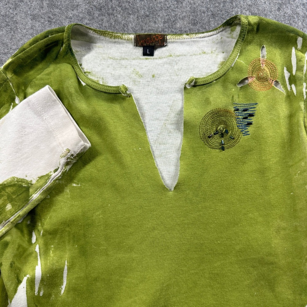Language Long Sleeve Top L Green Paint Wash Embroidered Beaded Boho Y2K